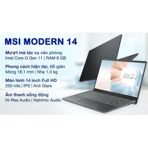 LAPTOP MSI MODERN 14 B11MOU-851VN (I3-1115G4; 256GB SSD; 8GB; UHD GRAPHICS; 14'FHD; 60HZ; WIN 10; MÀ